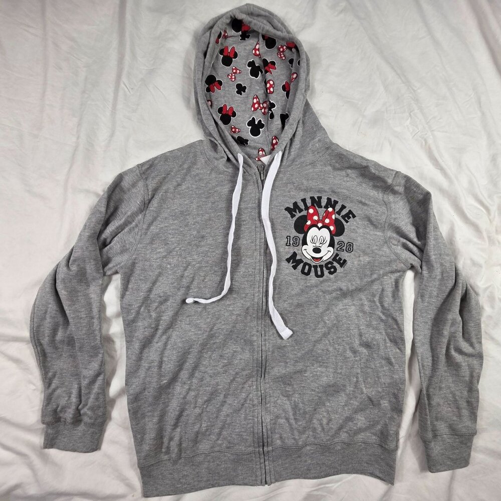 Disney Minnie Mouse Womens Large Gray Hoodie Front Zip Sweatshirt Casual Walking
